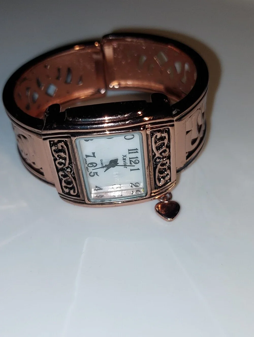 Rose Gold Heart Charm Women's Clamp Bracelet Watch